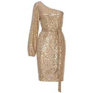 Swing Fashion Marley mini-jurk voor dames, elegante jurk, feestelijke jurk, feestjurk, avondjurk, bruiloftsjurk, korte jurk, glitterjurk, sexy, één schouderjurk, goud, S
