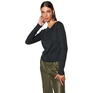 Trendyol FeMan Slim fit basic gebreide trui met capuchon en kraag, antraciet, M, Antraciet, M