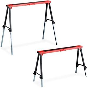 Relaxdays Werkbok, set van 2, 12-voudig in hoogte verstelbaar, belastbaar tot 150 kg, opvouwbaar, handgrepen, klapbok, rood