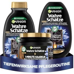 Garnier Haarverzorgingsset, tegen snel vettige hoofdhuid en droge lengtes, met reinigende actieve kool, shampoo (250 ml), conditioner (200 ml), haarkuur van 1 minuut (340 ml), echte schatten, 3-delig