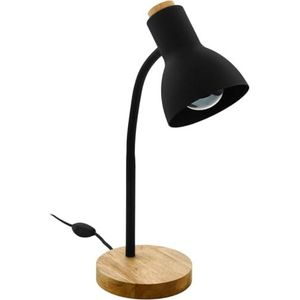 EGLO Tafellamp Veradal, 1-lichts bureaulamp in scandinavisch design, nachtlampje van metaal, kunststof in zwart, hout in bruin, tafel lamp voor kantoor met schakelaar, E27 fitting