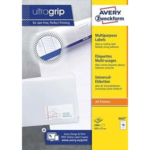 AVERY Zweckform 3425 adresstickers (1.000 zelfklevende etiketten, 105 x 57 mm op A4, papier mat, individueel bedrukbare afzenderetiketten, zelfklevende adresetiketten met ultragrip), 100 vellen, wit