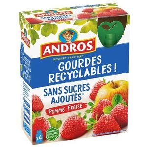 ANDROS - Fruitcompote – recyclebare drinkfles – zonder toegevoegde suiker – appel/aardbeiensmaak – ideaal voor kindervoeding – 4 stuks