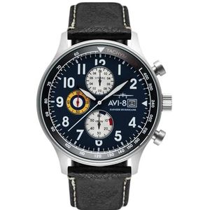 AVI-8 Mens 42mm Hawker Hurricane klassieke chronograaf piloot Japanse quartz horloge met lederen band AV-4011, Middernacht zwart, riem