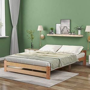 Merax Solide massief houten bed, futonbed, massief hout, natuurlijk bed met hoofdeinde en lattenbodem, natuur (200x140cm)