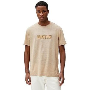 Koton Heren Slogan geborduurd tissued Crew Neck Short Sleeve T-Shirt, beige streep (0s6), L