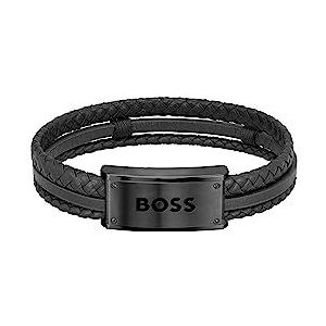 BOSS Jewelry GALEN Collection Leren armband voor heren in beige, bruin of zwart, Eén maat, Leer, Geen edelsteen