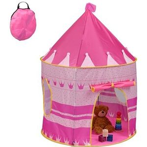 Relaxdays speeltent prinsessen, kinderen, prinsessenkasteel binnen, HD 135x100 cm, kindertent met stoffen deur, roze