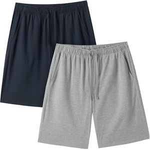LAPASA Heren 2-pack Amerikaanse stijl pyjamashorts slaapkleding korte broek Bermudas M93, Grijs gemêleerd, Marineblauw, XL, 2-pack