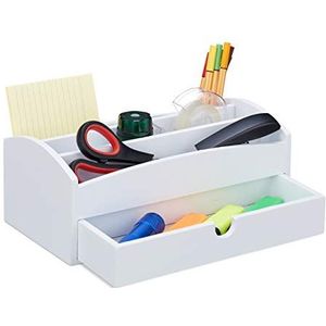 Relaxdays bureau organizer, met vakken en lade, van bamboe, HxBxD 11 x 27,5 x 15 cm, voor kantoor, pennenbak, wit