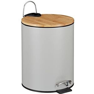 Relaxdays pedaalemmer met bamboe deksel, 5 liter, softclose, prullenbak voor toilet, badkamer, naturel/lichtgrijs