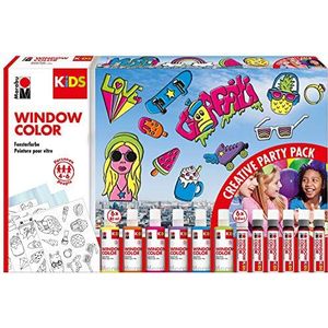 Marabu KiDS Window Color Partyset met 6 x 80 ml en 6 x 25 ml verf, 10 schilderfolies en 4 sjablonen, raamverf op waterbasis, voor gladde oppervlakken, feestplezier voor kinderen
