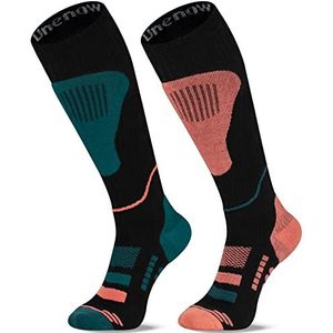 Merinowol skisokken, 2 paar, thermische kniekousen voor snowboarden, wandelen, koud weer, sneeuw, jacht, 2 paar - donkergroen/oranje, Large