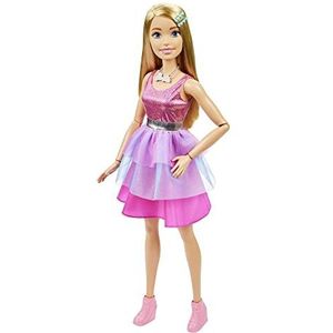 Grote Barbie Pop met blond haar, ruim 70 cm groot, in glanzende roze jurk, met halsketting en haarclip als accessoires HJY02