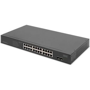 DIGITUS 24-poorts Gigabit PoE Ethernet Network Switch - Unmanaged - 24 RJ45-poorten + 2 SFP Uplink-poorten - 370W PoE-budget - 19 Inch Form Factor - Zwart