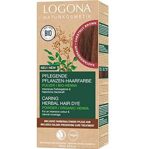 LOGONA Naturkosmetik Verzorgende plantaardige haarverf, veganistisch haarkleurpoeder met biologische henna voor intensieve kleur en glans, plantaardige haarverf in kastanjebruin, 1 x 100 g