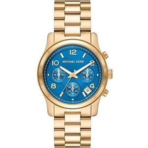 Michael Kors Runway Horloge voor dames, uurwerk met chronograaf en band van roestvrij staal, keramiek of leer, Goudtint en Blauw