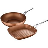 San Ignacio Originele set van grill- en wokpan 28 cm, gesmeed aluminium, anti-aanbakpannen, ergonomische handgreep, PFOA-vrij, gehamerd oppervlak, brons