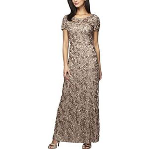 Alex Evenings Damesjurk met lange rozet en kanten kapmouwen, Champagne, 12