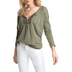 ESPRIT Dames shirt met lange mouwen met kant, effen, groen (Reed Khaki 362), XL