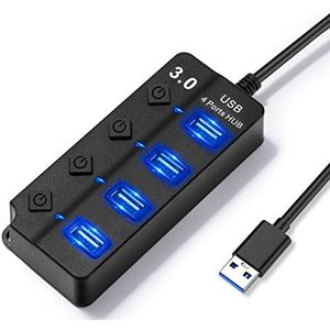 Hoppac USB-hub, 4-in-1 meervoudig stopcontact met aparte schakelaar en led, stekkerdoos, 1 USB 3.0 en 3 USB 2.0, splitter voor gegevensoverdracht, duplicator voor pc, toetsenbord en muis