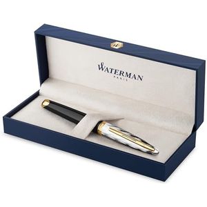 Waterman Carene vulpen | metaal en zwarte lak met gouden detail en gebeitelde dop | 18K gouden medium penpunt | met Geschenkdoos