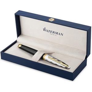Waterman Carene vulpen | metaal en zwarte lak met gouden detail en gebeitelde dop | 18K gouden medium penpunt | met Geschenkdoos