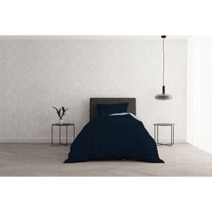 Italian Bed Linen Dekbedovertrek Set ""Natural Doubleface effen kleur tas laken en kussensloop, donkerblauw/lichtblauw, eenpersoons