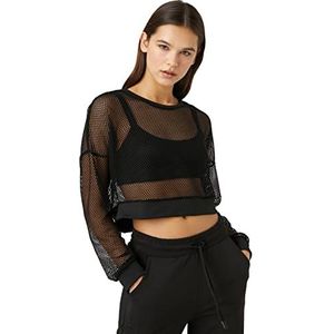 Koton Dames lange mouwen ronde hals mesh crop sport T-shirt, Schwarz (999), L