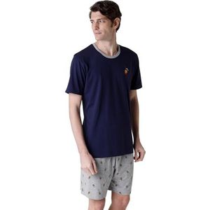LVB Korte pyjamaset met jasje met kokos borduurwerk op de voorkant voor heren, Navy Blauw, XS