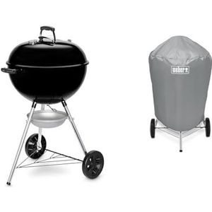 Weber Original Kettle Houtsbarbecue, 57 Centimeter | E-5710 Barbecue Met Deksel | - Zwart (14101004) & Weber Premium Beschermhoes | Hoes Voor De Barbecue | Draagbaar & Licht - Grijs (7176)