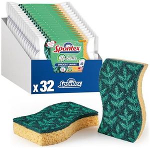 SPONTEX – Re-Belle sponzen – 32 schuursponzen (16 verpakkingen van 2 stuks) – net zo mooi als effectief – afwassponzen 100% gerecyclede vezels – sponzen wasbaar 10 keer