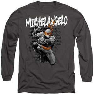 manji-devlin corporation TMNT Michelangelo T-shirt voor heren, lange mouwen, donkergrijs, S, uniseks, volwassenen, Donkergrijs, S