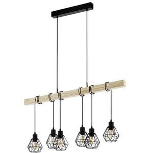 EGLO hanglamp Townshend 5, 6-lichts vintage pendellamp in industrieel ontwerp, retro plafondlamp hangend van staal en hout, kleur zwart, bruin, FSC gecertificeerd, E27