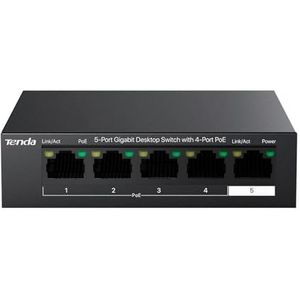 Tenda TEG1105P-4-63W (5-poorts 1000 Mbit/s PoE-switch met 4-poorts PoE en 1-uplink-poort,vervangt de voeding tot 58W,voor camera‘s,AP,IP-telefoons,metalen behuizing,250m,6kV,full duplex 2000Mbit/s)