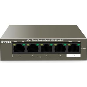 Tenda TEG1105P-4-63W (5-poorts 1000 Mbit/s PoE-switch met 4-poorts PoE en 1-uplink-poort,vervangt de voeding tot 58W,voor camera‘s,AP,IP-telefoons,metalen behuizing,250m,6kV,full duplex 2000Mbit/s)