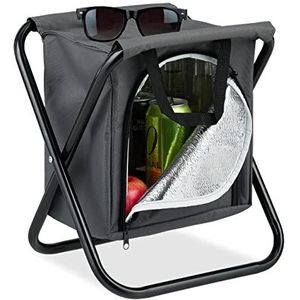 Relaxdays campingkruk met koeltas, opvouwbaar, draagbaar, tot 100 kg, op reis, HxBxD: 34 x 32 x 26 cm, viskrukje, grijs