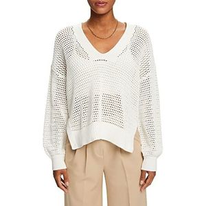 edc by Esprit Trui met V-hals van duurzaam katoen, off-white, S