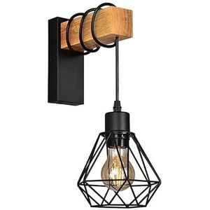 B·LED BARCELONA LED Vintage wandlamp, retro lamp van staal en hout, E27 LM135-N_FBM-aansluiting, zwart [lamp is niet inbegrepen]