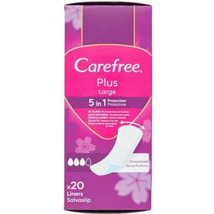 Carefree Inlegkruisjes Plus Large zonder parfum, extra brede damesslip met 5-in-1 bescherming voor 8 uur droog gevoel, ultradunne maandverband zonder parfum voor dagelijks gebruik, 20 inlegkruisjes