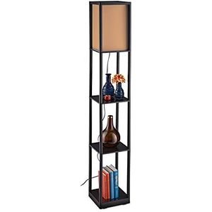 Relaxdays staande lamp met rek, E27-fitting, 3 open vakken, modern design, stalamp, HBD 159 x 26 x 26 cm, zwart-bruin
