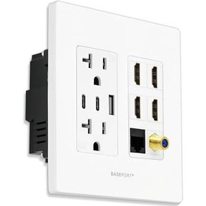 Premium media-stopcontact | Dubbele 6.3A USB-A 2.0-poorten - 1 USB-C 3.0-poort - 4 HDMI-wandcontactdoos - Cat6 Rj45 Ethernet-poort - 20A dubbel stopcontact - Coaxkabel wandplaat - witte gezichtsplaat