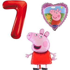 Ballonset Peppa Pig Pig Pig Peppa folieballon, getal 7 in rood, Peppa met teddyhart