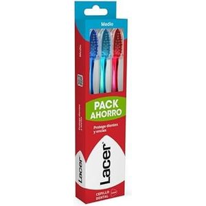 LACER - Verpakking met 3 tandenborstels, middelgrote borstels, Tynex-filamenten met afgeronde punten, ergonomische, antislip handgreep