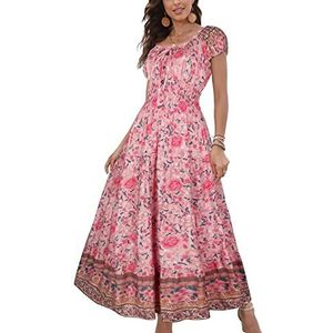 OSTOO Dames 2023 Zomer Mouwloos/Korte Mouw Boho Bloemenprint Tiered Casual Vloeiende Lange Maxi Jurk, Roze B, XXL