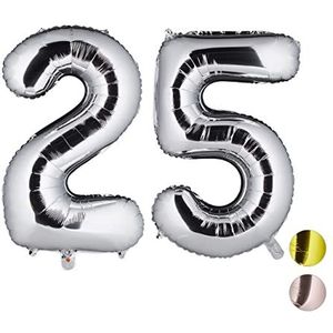 Relaxdays Folieballon cijfer 25, decoratieve ballon voor verjaardag, jubileum, zilveren bruiloft, 85-100 cm, XXL reuzenballon, zilver, h x b x d: ca. 85 x 50 x 17 cm