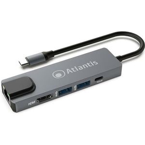 ATLANTIS A04-TC_LANHD+PU mini dockingstation USB C (type C) naar HDMI 4K, Ethernet RJ45 Gigabit, 2x USB 3.0, 1x USB C, 1x PD-85W, compatibel met alle notebooks.