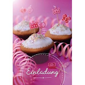Kinderverjaardag uitnodigingen meisjes/muffins met kaarsen in kroontvorm/roze