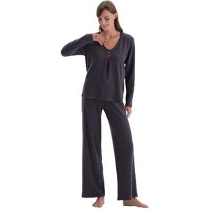 Dagi Dames lange mouwen kant gedetailleerde viscose T-shirt & broek pyjama set, Antraciet, S