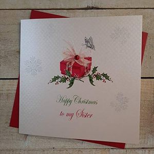 White Cotton Cards X123 kerstkaart met opschrift ""Happy Christmas Sister"", handgemaakt, geschenkmotief, wit